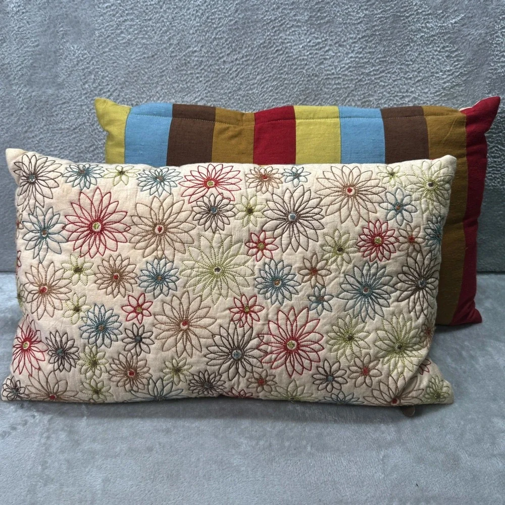 Pier 1 Embroidered Floral Lumbar Throw Pillows Set of 2 Striped Reversible Retro